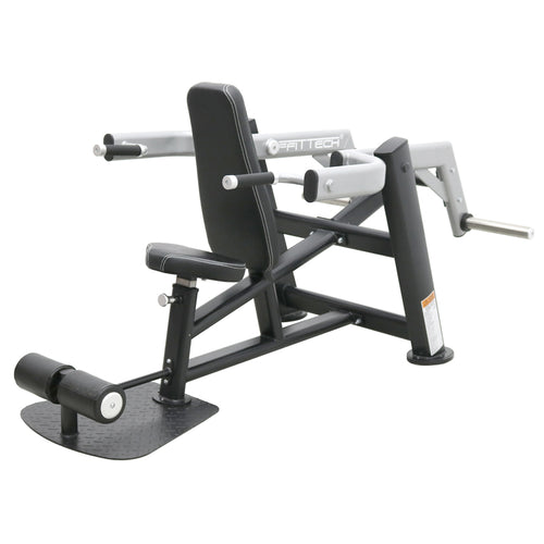 A FFITTECH triceps machine with black upholstery, aluminum and stainless steel structure, and white double stitching.