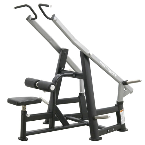 A black FFITTECH LAT Pulldown machine for strength training, featuring a barbell and a padded seat.