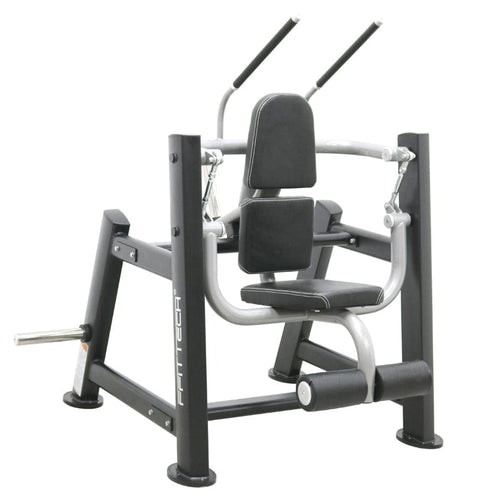 A black FFITTECH ab crunch machine with stainless steel and aluminum structure, featuring a seat and handles for exercise.