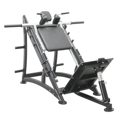 A black FFITTECH Hack Squat machine with aluminum and stainless steel structure, featuring a backrest and thigh support.