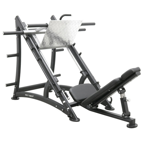 A black FFITTECH leg press machine with a 45-degree angle, featuring a stainless steel and aluminum structure, and upholstered in black with white double stitching.