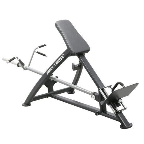 A black FFITTECH incline lever row machine with stainless steel and aluminum structure, featuring a cushioned seat and backrest, and a lever-operated mechanism for rowing.