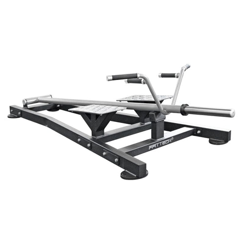 A FFITTECH T BAR ROW machine, primarily gray in color, made of aluminum and stainless steel, with white upholstery and double stitching.