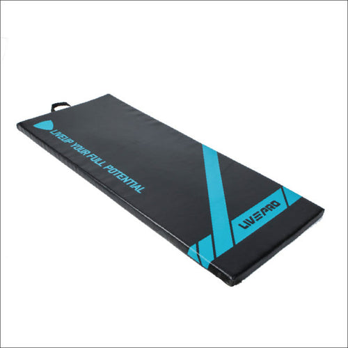 A gray multi-purpose stretch mat with blue and black accents, featuring the brand name 'LIVEPRO' on the lower right corner.