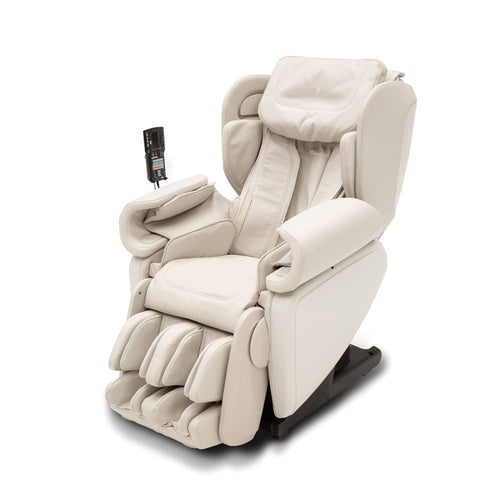 A beige massage chair, Kagra, with a sophisticated design, featuring multiple cushions for back, neck, and foot massage, as well as a footrest that doubles as an ottoman.
