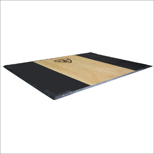 A black and brown weightlifting platform with a wooden plate and rubber tiles, designed for powerlifting and weight training.