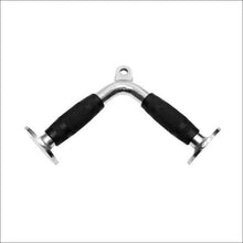 Load image into Gallery viewer, A pair of triceps V handles with black and chrome finishes designed for cable tower workouts.
