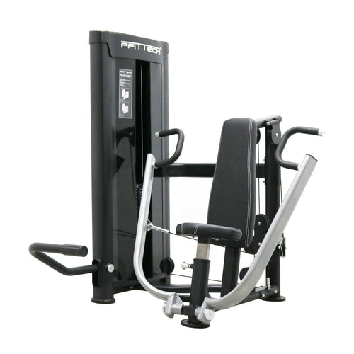 A black and silver colored chest press convergent machine, designed for gym workouts, with a mobile phone holder and bottle holder.