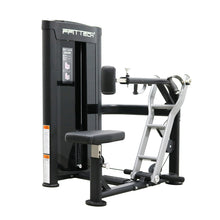 Load image into Gallery viewer, A seated row strength training machine with a black and silver color scheme, featuring white double stitching and a compartment for cellphones or bottles.
