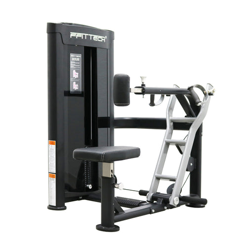 A seated row strength training machine with a black and silver color scheme, featuring white double stitching and a compartment for cellphones or bottles.