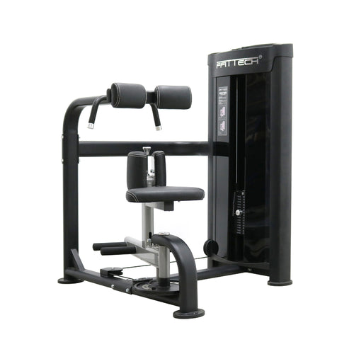 A black and gray rotary torso strength training machine with a stainless steel and aluminum structure, featuring a seat and handles for exercise.