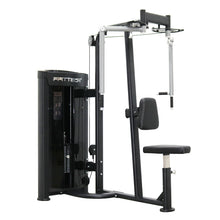 Load image into Gallery viewer, A black FFITTECH pectoral fly and rear delt dual exercise machine with a seat and back pad, featuring a stainless steel and aluminum structure.
