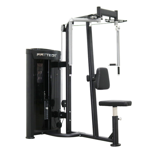 A black FFITTECH pectoral fly and rear delt dual exercise machine with a seat and back pad, featuring a stainless steel and aluminum structure.