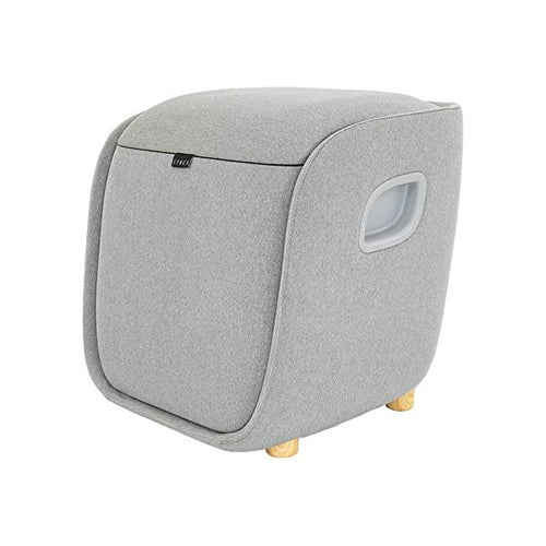 A gray foot-calf-lumbar ottoman massager with a modern design, featuring a faux leather top and wooden accents at the base.