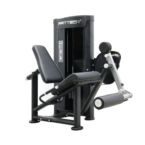 FFITTECH seated leg extension machine in black with a saddle and backrest, featuring a stainless steel and aluminum structure.