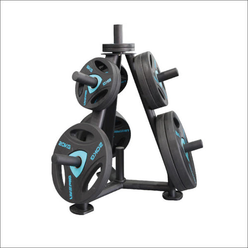 A black steel tube weight plate rack with powder coating, featuring integrated rubber feet and nylon rings on the holders.