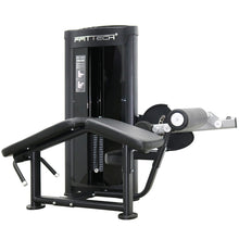 Load image into Gallery viewer, A black FFITTECH prone leg curl machine with stainless steel and aluminum structure, featuring a cushioned area for exercise and a storage compartment.
