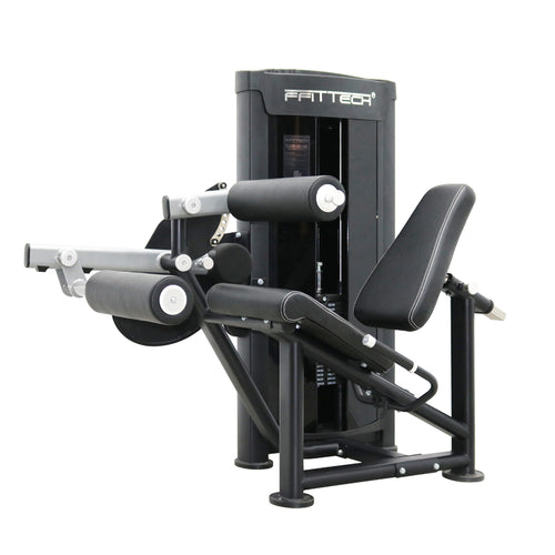 A black and gray seated leg curl machine with white double stitching and a brand logo labeled 'FITTECH'.