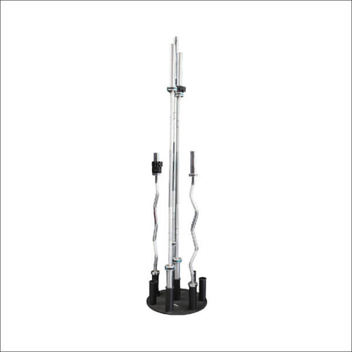 A black steel vertical barbell storage rack with upright sleeves, designed to hold multiple barbells.
