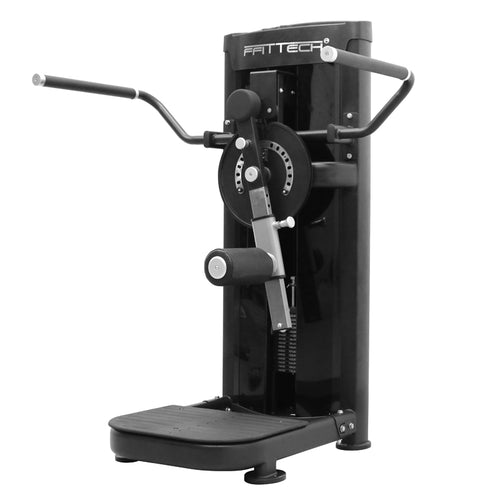Black multi hip strength machine exercise equipment with FFITTECH branding, featuring a loading bar and adjustable settings.