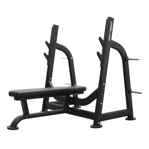 Black Olympic incline bench designed for gym workouts, showing the full bench with adjustable positions.