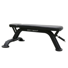 Load image into Gallery viewer, A black FFITTECH flat exercise bench designed for gym use, featuring a padded surface and a metal frame with a handle.
