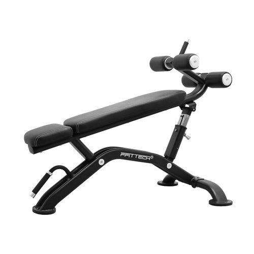 A black crunch bench with padded areas and adjustable back support, branded by FFITTECH.
