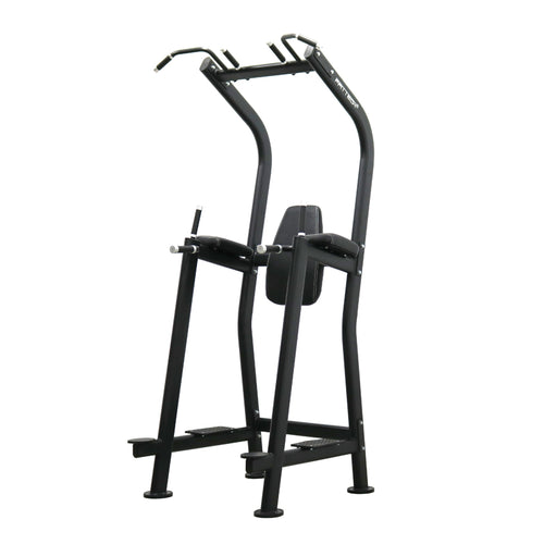 A black vertical knee raise exercise bench with aluminum and stainless steel structure.