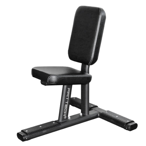 Black adjustable utility gym bench with padded seat and backrest, marked with the FFITTECH brand logo.