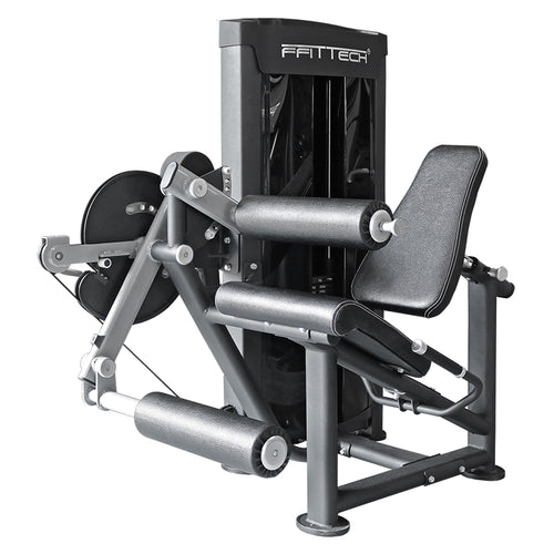 A FFITTECH seated leg extension and curl dual machine, primarily in black and gray colors, with padded areas for comfort.
