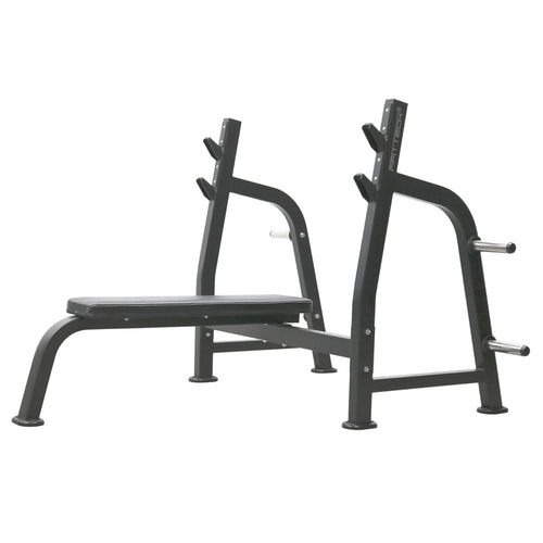 A black Olympic flat bench with a weightlifting rack, designed for gym use.