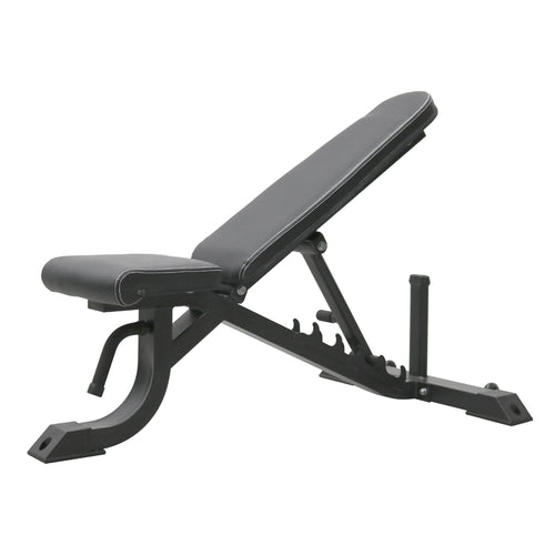 An adjustable exercise bench in an inclined position, primarily black in color, with textured foot grips and an padded seating area.
