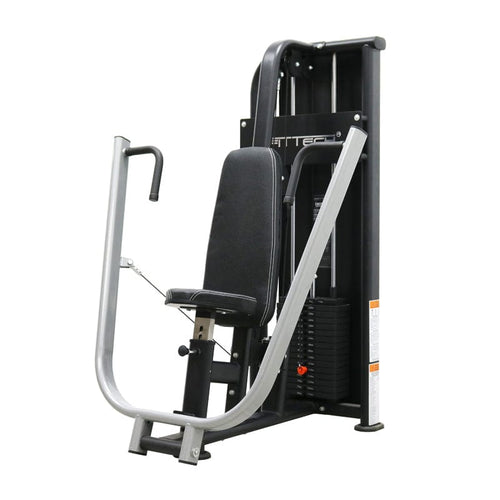 A FFITTECH chest press exercise machine with black upholstery, aluminum and stainless steel structure, and white double stitching.