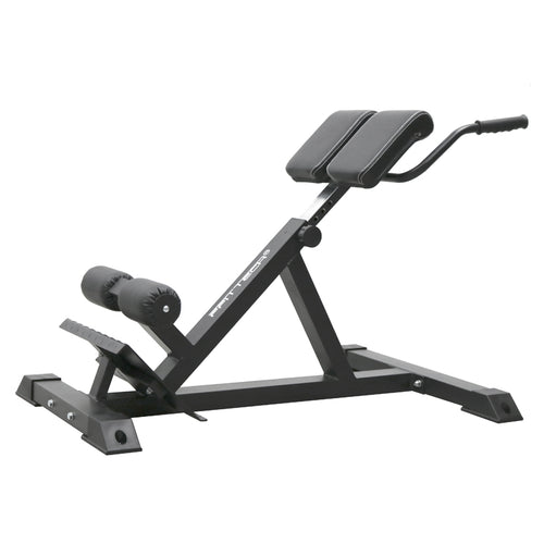 A black gym bench designed for lower back workouts, with adjustable positions and padding.