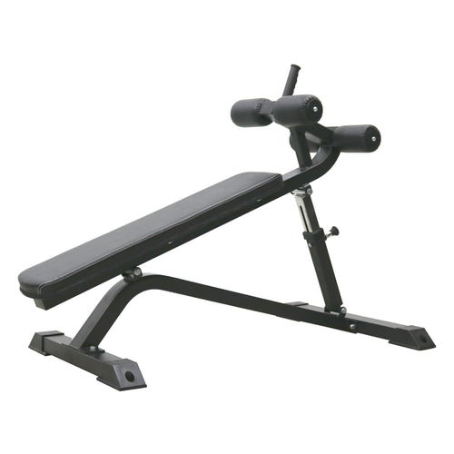 Adjustable black gym bench designed for various positions, suitable for fitness workouts.
