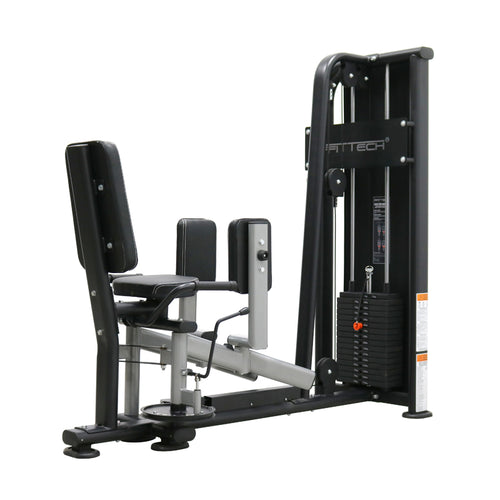 A black FFITTECH abductor and adductor machine for lower body workouts, featuring a seat and a back pad for comfort.