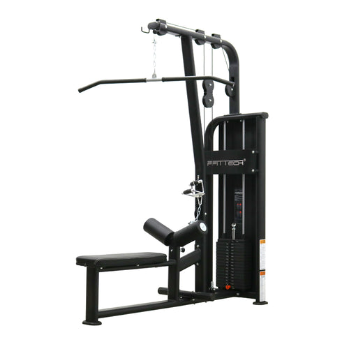 A black FFITTECH pulldown and low row gym machine with a seat, backrest, and a barbell-style loading mechanism.