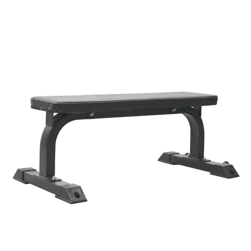 A black flat bench designed for gym use, showing a single unit with no adjustable positions.