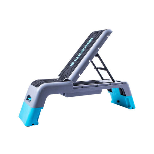 A multifunctional pedal step board with a gray and blue color scheme, featuring non-slip padded feet and a folding design for adjustable height and tilt.