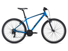 Load image into Gallery viewer, A vibrant blue Giant bicycle with a step-through frame, mounted front and rear derailleurs, and a chain drive.
