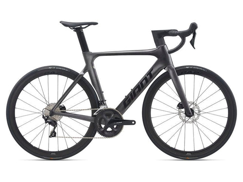 A metallic black Giant Propel Advanced 2 Disc bicycle with a Giant Contact SL Aero handlebar and stem, and a Giant Approach saddle. It features a Shimano 105 shifter and derailleur, and a pair of Giant P-A2 Disc wheelsets.