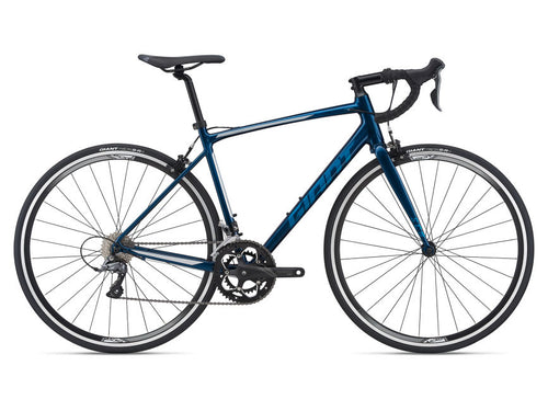 A metallic navy Giant road bicycle with Shimano Claris groupset and Tektro TK-B177 brakes, among other components.