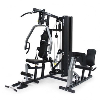 A comprehensive view of the Horizon Multigym - Torus 5, showcasing various stations for upper and lower body workouts, with a focus on the leg press and vertical knee raise stations.
